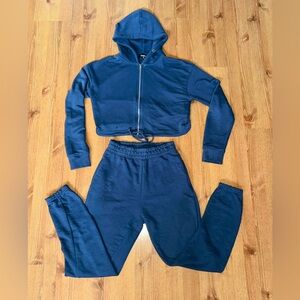 Missguided Navy Blue Zip-Up Crop Hoodie & Joggers Athleisure Set Size 4